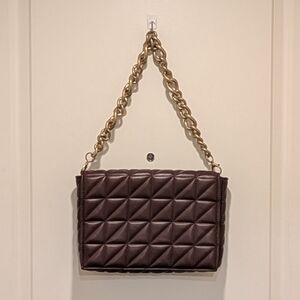 3/$30 EUC Zara Brown Faux Leather Quilted Handbag with Chunky Gold Chain Strap
